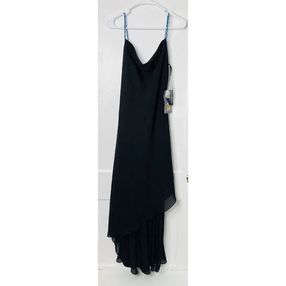 Niki Livas Evening Dress 10 Beaded Black 90s Style Handkerchief Hem Draped Neck - Picture 1 of 14